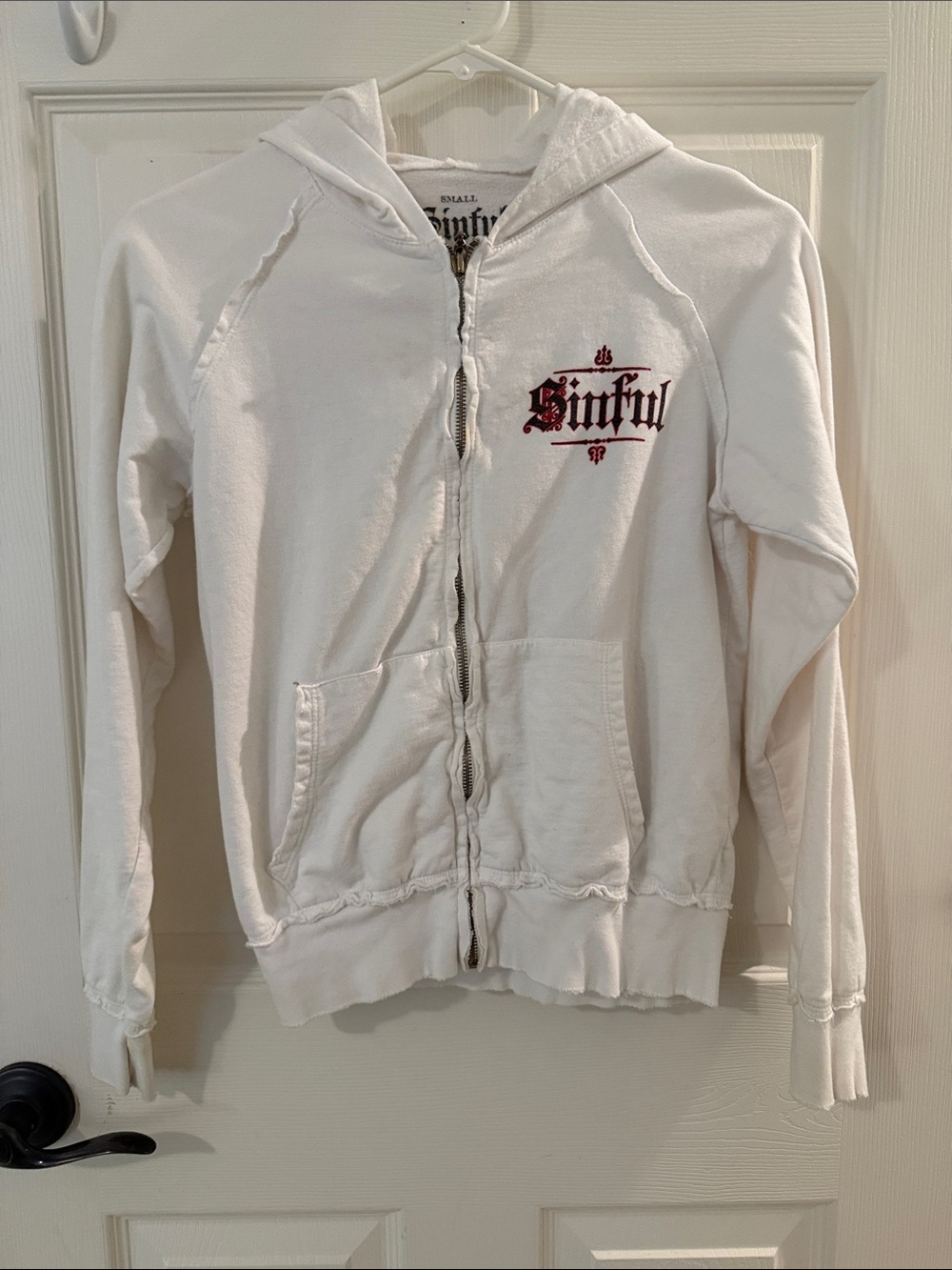 Sinful White zip hoodie with Black Logo Print